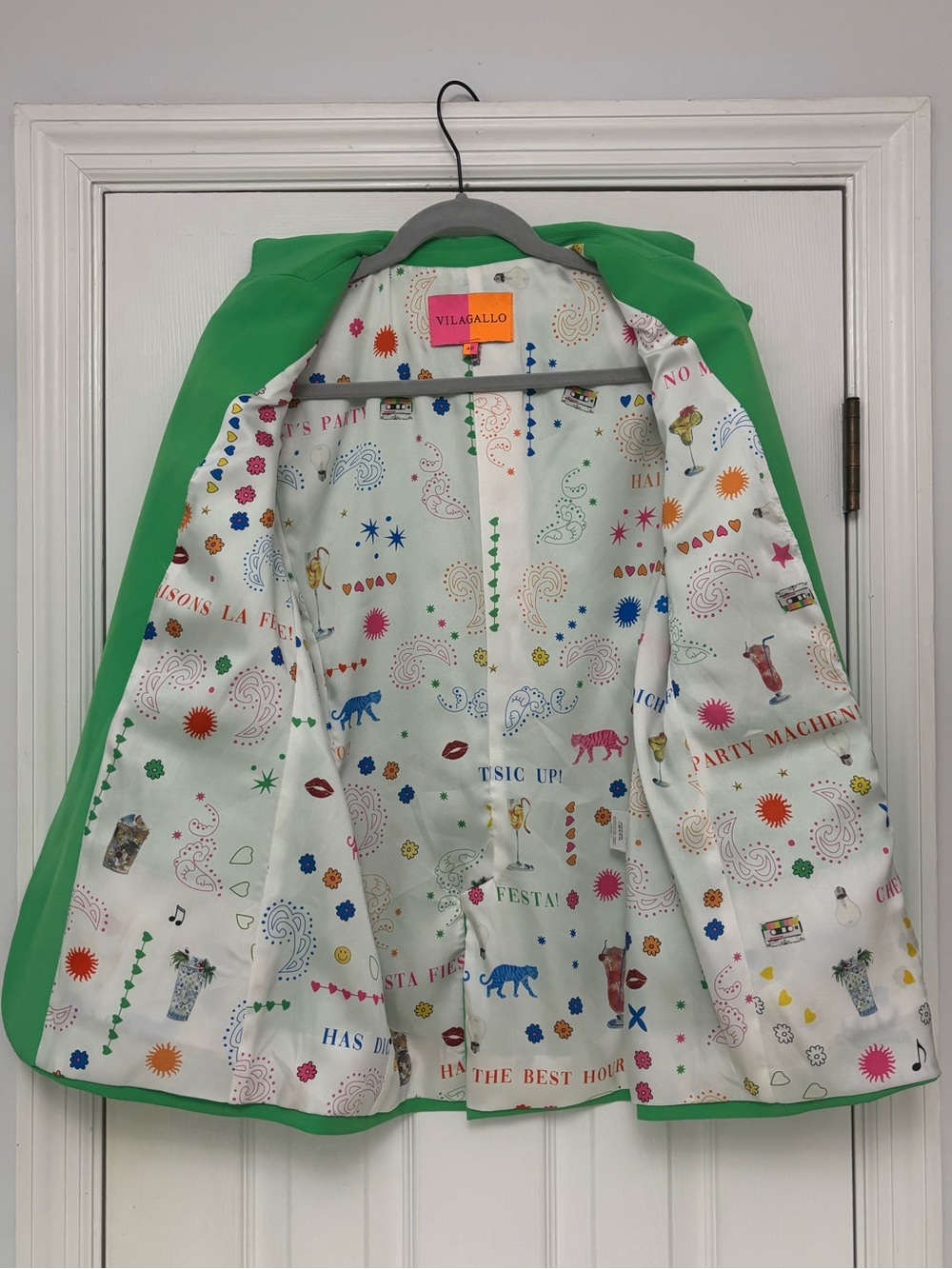 Vilagallo Kelly Green Blazer Printed Lining Tailored Jacket Size 40 6 - Picture 3 of 9